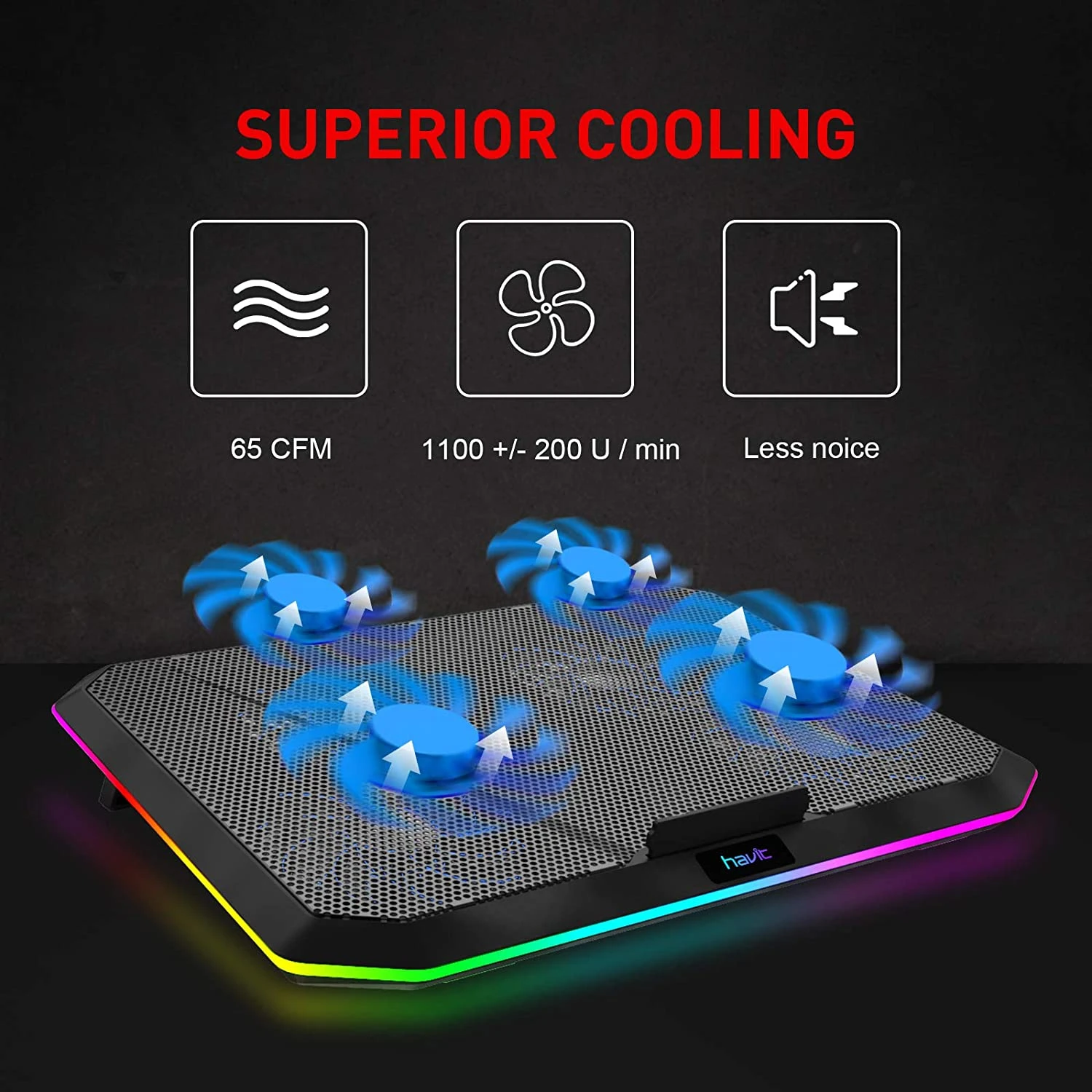 HAVIT HV-F2076 Gaming Laptop Cooling Pad For 12-17 Inch Laptop With 4 Quiet Fans & RGB Backlight 5 HAVIT HV-F2076 Gaming Laptop Cooling Pad For 12-17 Inch Laptop With 4 Quiet Fans & RGB Backlight