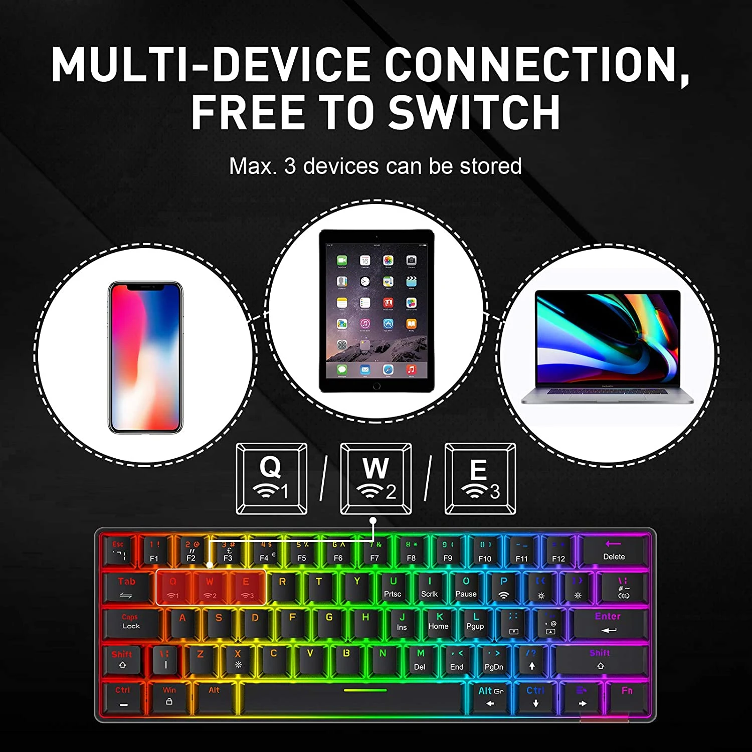 HAVIT KB255GCM Wireless 60% Mechanical Keyboard With 61 Keys, Rainbow Backlit, Bluetooth 5.0 / Wired Modes Gaming 5 HAVIT KB255GCM Wireless 60% Mechanical Keyboard With 61 Keys, Rainbow Backlit, Bluetooth 5.0 / Wired Modes Gaming