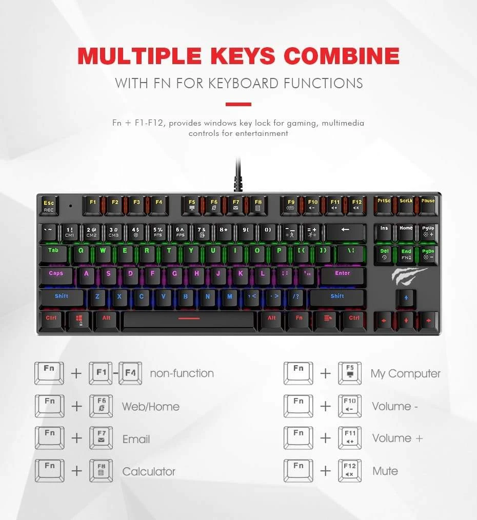 HAVIT HV-KB435L Tenkeyless Mechanical Keyboard, 87 Keys, RGB Backlights 7 HAVIT HV-KB435L Tenkeyless Mechanical Keyboard, 87 Keys, RGB Backlights